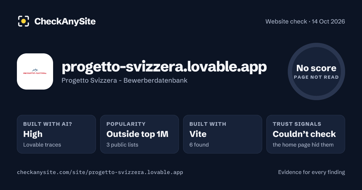 progetto-svizzera.lovable.app on CheckAnySite: AI traces high, popularity Outside top 1M, no score.
