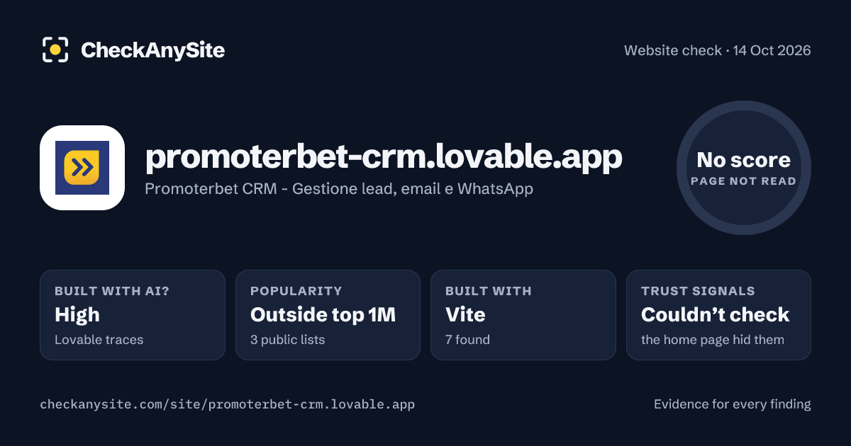 promoterbet-crm.lovable.app on CheckAnySite: AI traces high, popularity Outside top 1M, no score.
