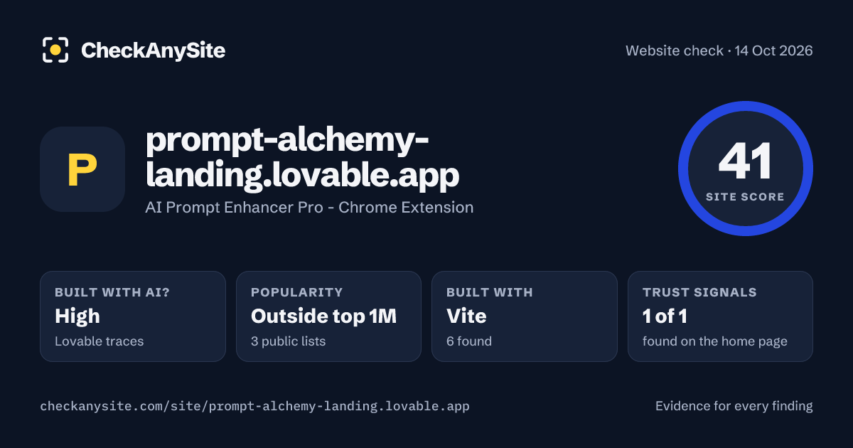 prompt-alchemy-landing.lovable.app on CheckAnySite: AI traces high, popularity Outside top 1M, site score 41 of 100.