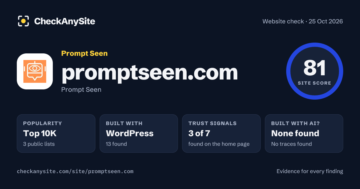promptseen.com on CheckAnySite: AI traces none found, popularity Top 10K, site score 81 of 100.
