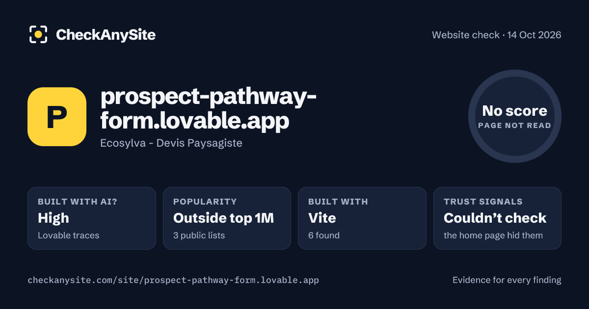 prospect-pathway-form.lovable.app on CheckAnySite: AI traces high, popularity Outside top 1M, no score.