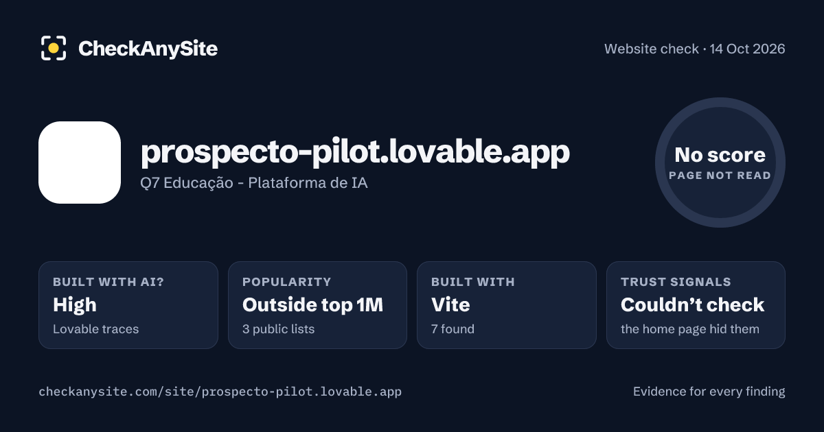 prospecto-pilot.lovable.app on CheckAnySite: AI traces high, popularity Outside top 1M, no score.