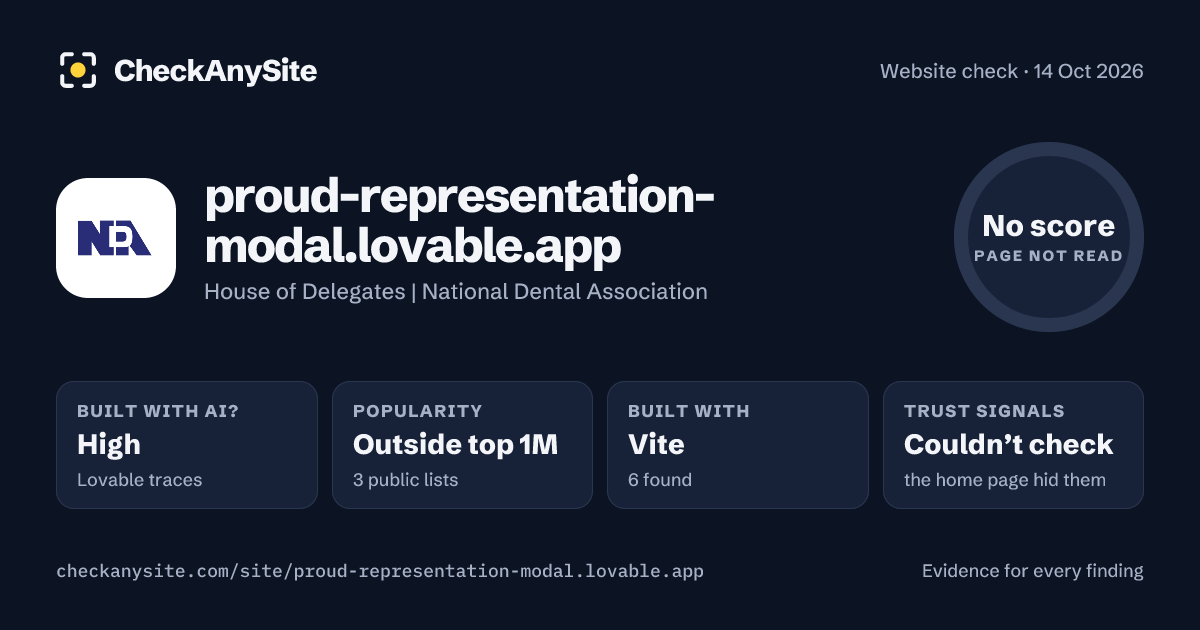 proud-representation-modal.lovable.app on CheckAnySite: AI traces high, popularity Outside top 1M, no score.