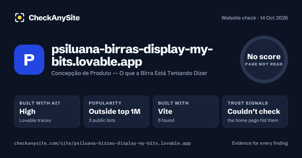 psiluana-birras-display-my-bits.lovable.app on CheckAnySite: AI traces high, popularity Outside top 1M, no score.