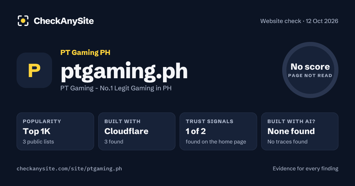 ptgaming.ph on CheckAnySite: AI traces none found, popularity Top 1K, no score.