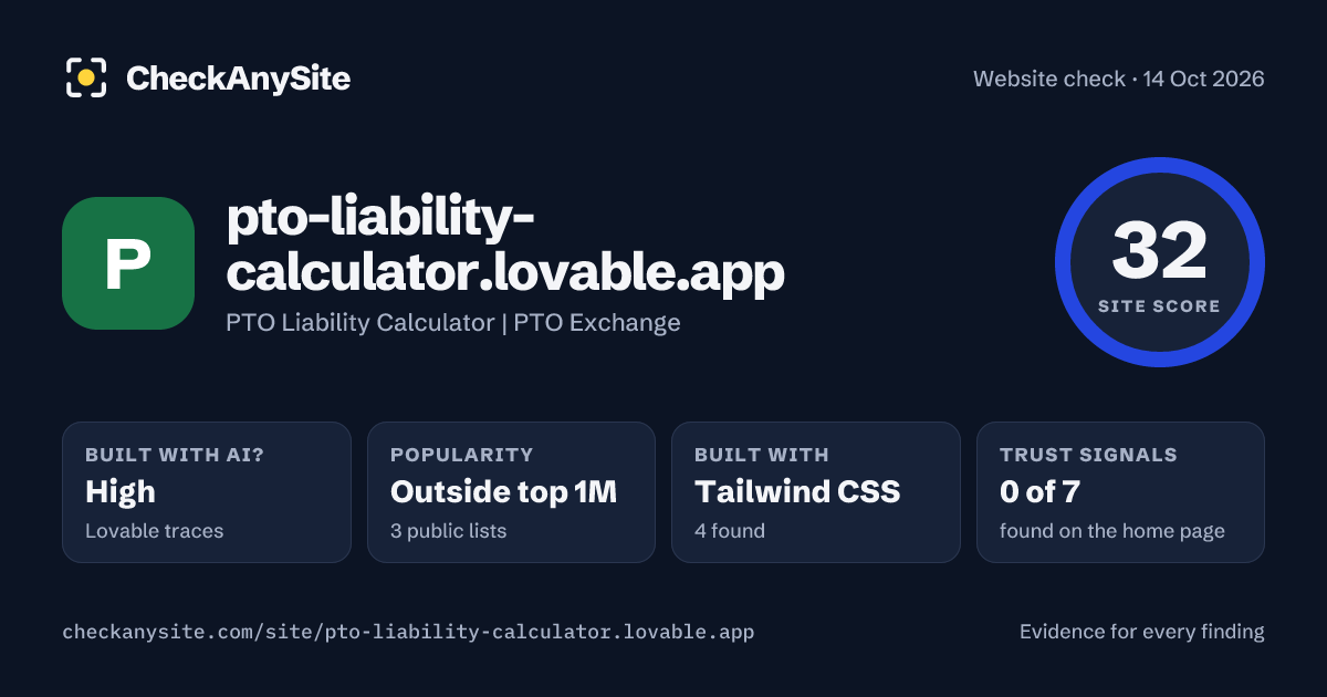 pto-liability-calculator.lovable.app on CheckAnySite: AI traces high, popularity Outside top 1M, site score 32 of 100.