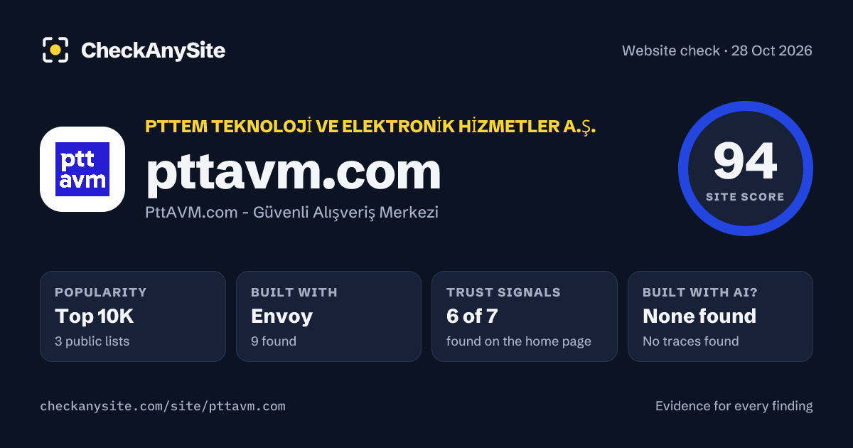pttavm.com on CheckAnySite: AI traces none found, popularity Top 10K, site score 94 of 100.
