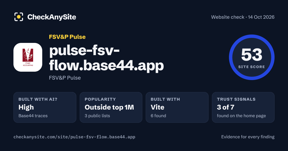 pulse-fsv-flow.base44.app on CheckAnySite: AI traces high, popularity Outside top 1M, site score 53 of 100.