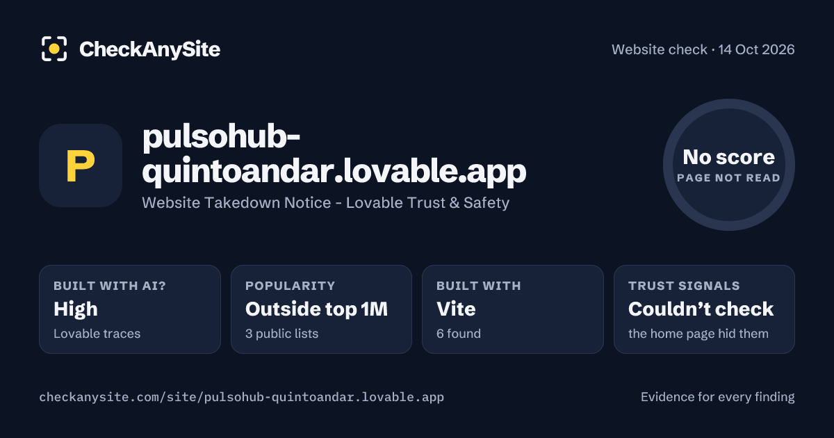 pulsohub-quintoandar.lovable.app on CheckAnySite: AI traces high, popularity Outside top 1M, no score.