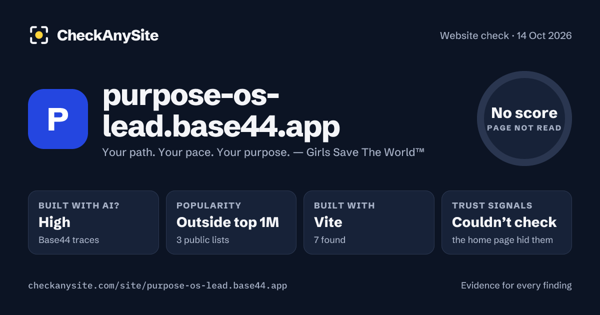 purpose-os-lead.base44.app on CheckAnySite: AI traces high, popularity Outside top 1M, no score.
