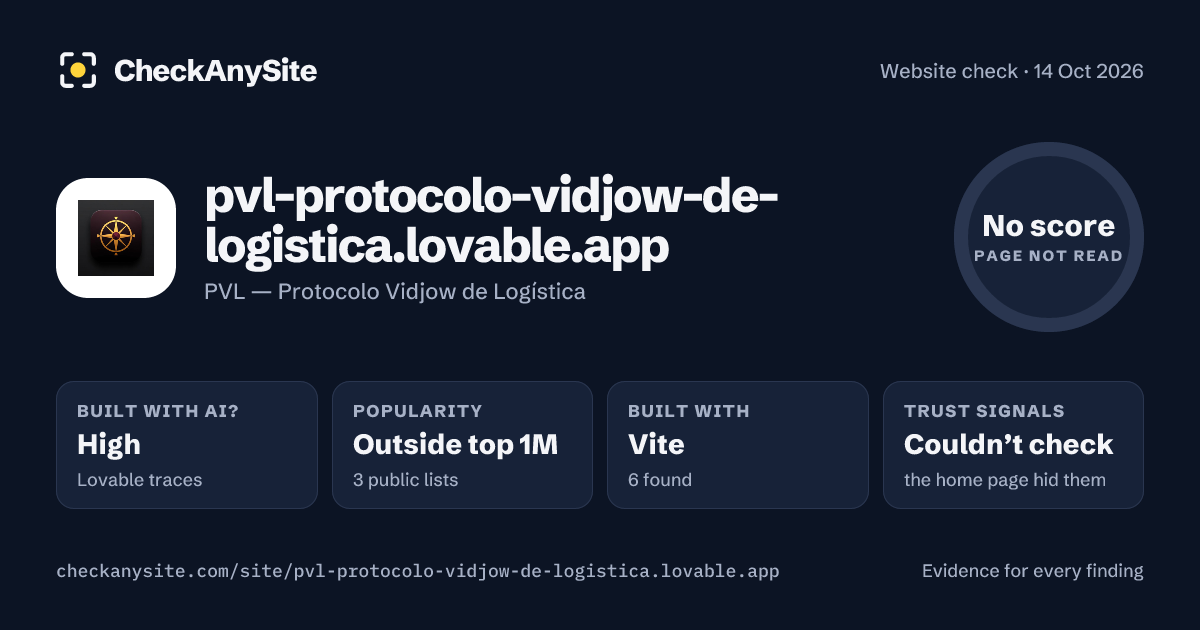 pvl-protocolo-vidjow-de-logistica.lovable.app on CheckAnySite: AI traces high, popularity Outside top 1M, no score.