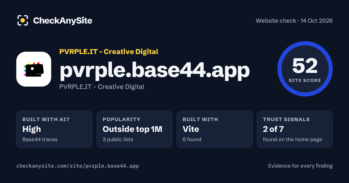 pvrple.base44.app on CheckAnySite: AI traces high, popularity Outside top 1M, site score 52 of 100.