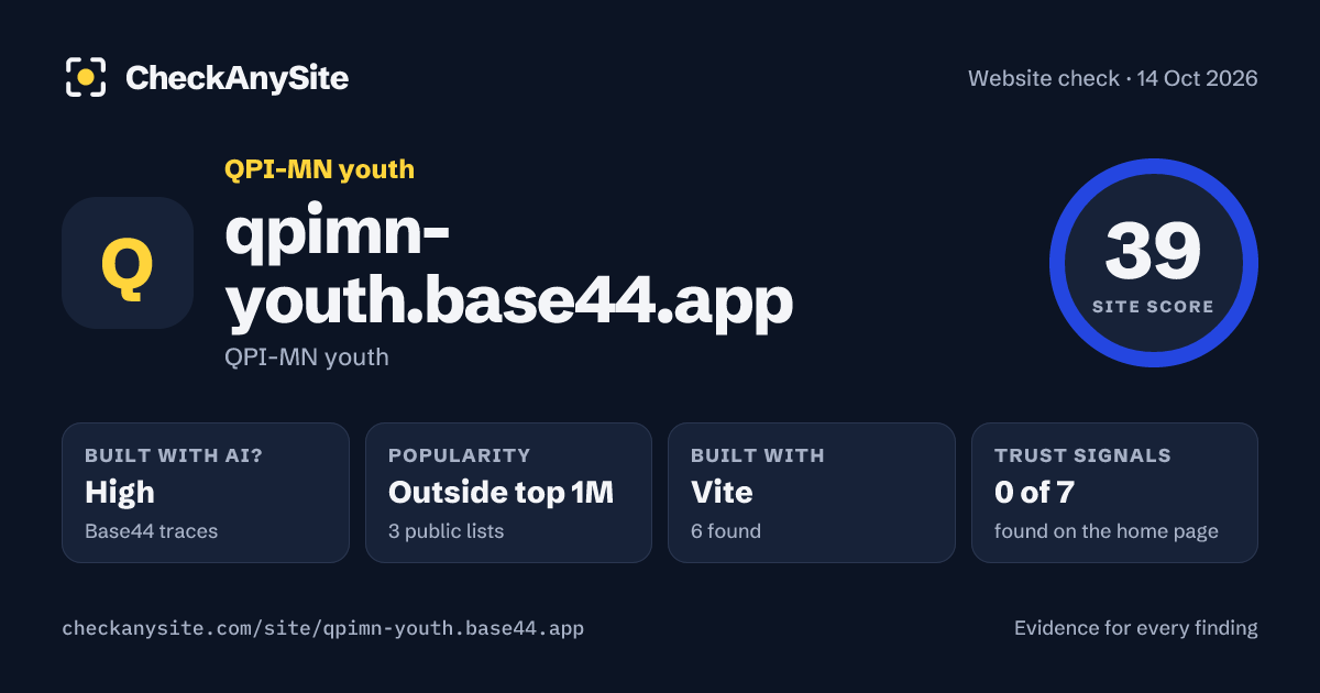 qpimn-youth.base44.app on CheckAnySite: AI traces high, popularity Outside top 1M, site score 39 of 100.