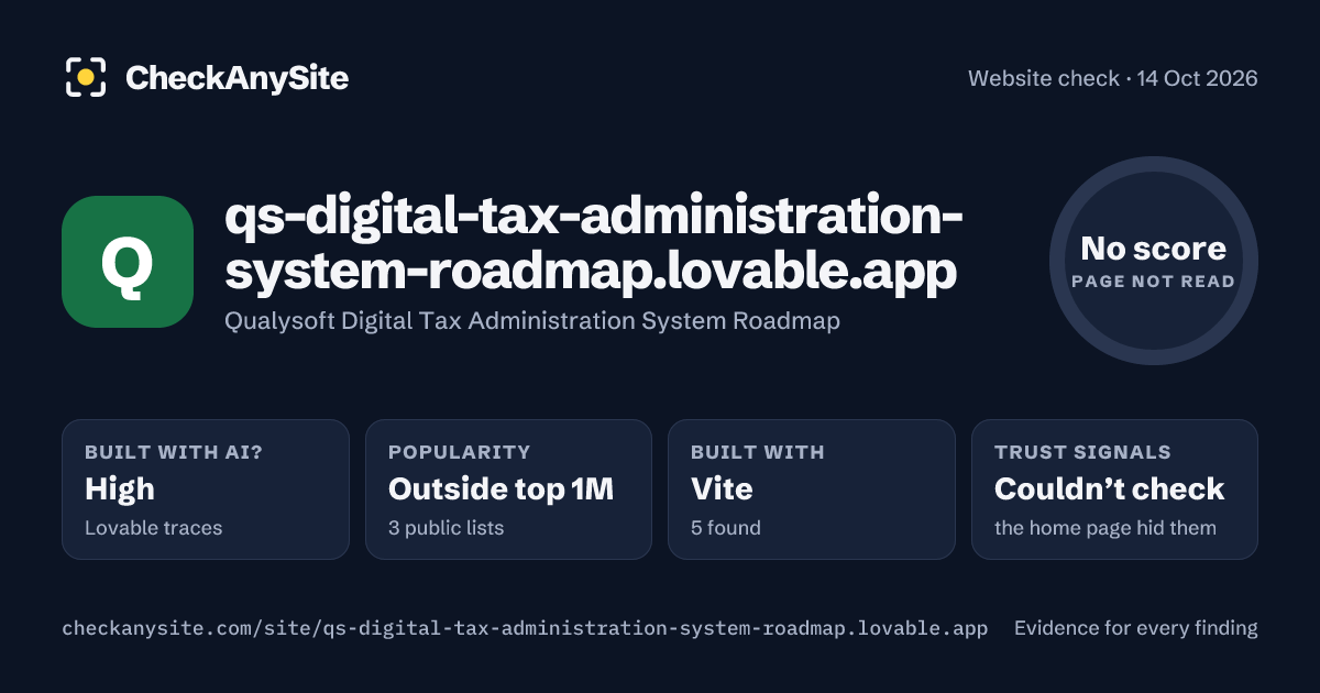 qs-digital-tax-administration-system-roadmap.lovable.app on CheckAnySite: AI traces high, popularity Outside top 1M, no score.