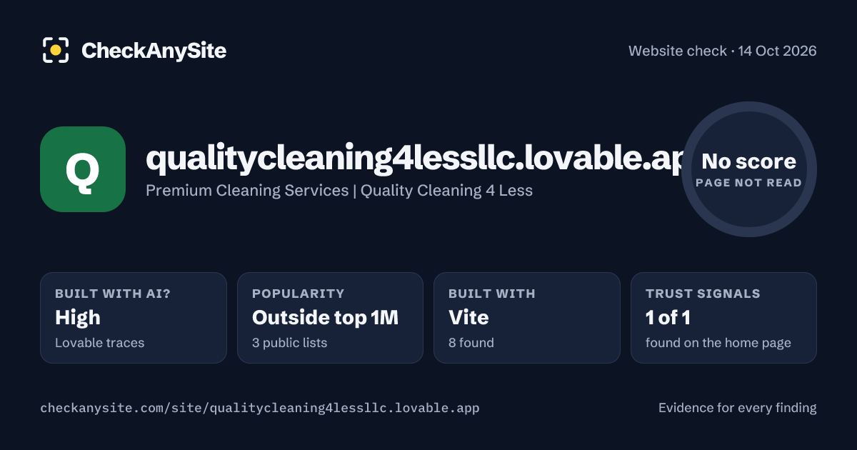 qualitycleaning4lessllc.lovable.app on CheckAnySite: AI traces high, popularity Outside top 1M, no score.
