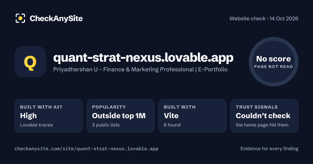 quant-strat-nexus.lovable.app on CheckAnySite: AI traces high, popularity Outside top 1M, no score.