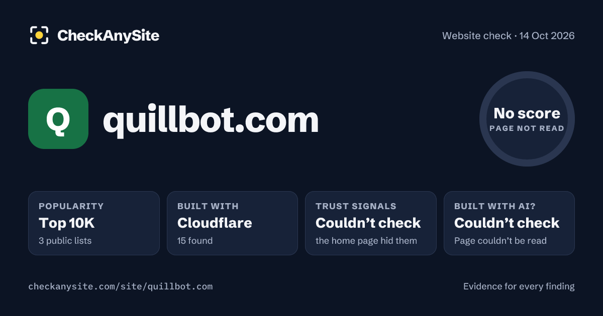 quillbot.com on CheckAnySite: AI traces couldn’t check, popularity Top 10K, no score.