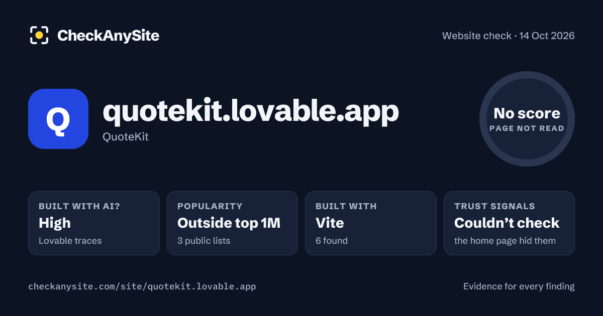 quotekit.lovable.app on CheckAnySite: AI traces high, popularity Outside top 1M, no score.