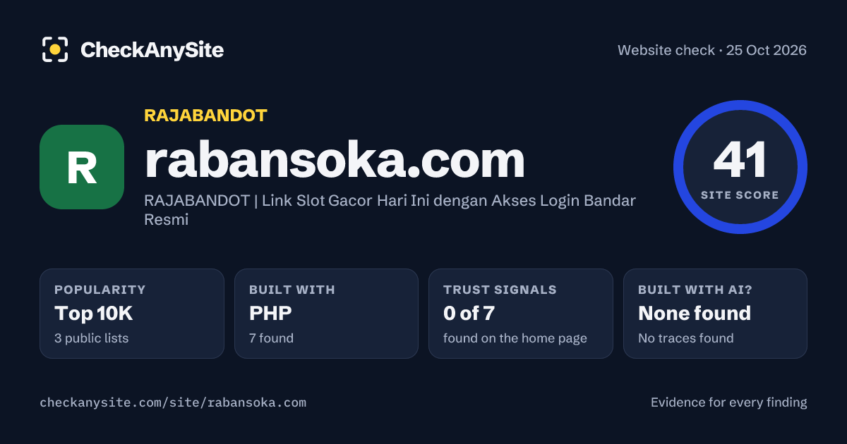 rabansoka.com on CheckAnySite: AI traces none found, popularity Top 10K, site score 41 of 100.