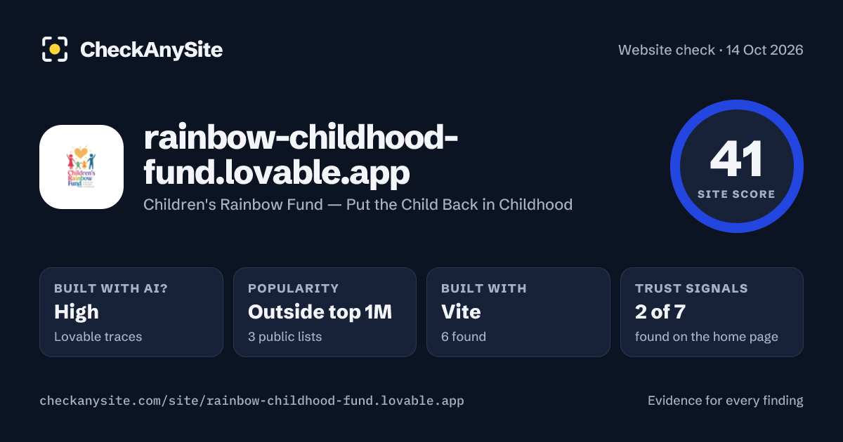 rainbow-childhood-fund.lovable.app on CheckAnySite: AI traces high, popularity Outside top 1M, site score 41 of 100.