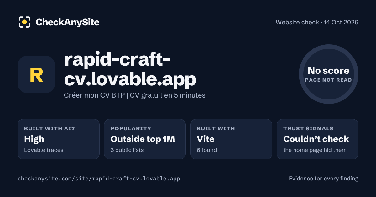 rapid-craft-cv.lovable.app on CheckAnySite: AI traces high, popularity Outside top 1M, no score.