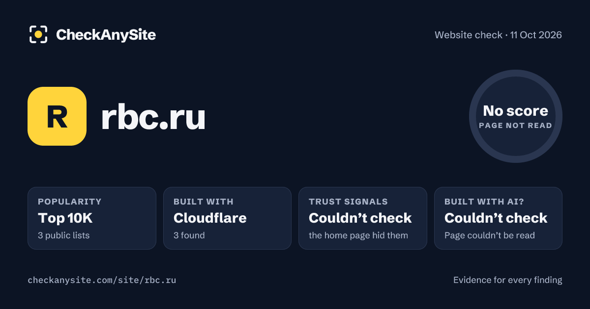 rbc.ru on CheckAnySite: AI traces couldn’t check, popularity Top 10K, no score.