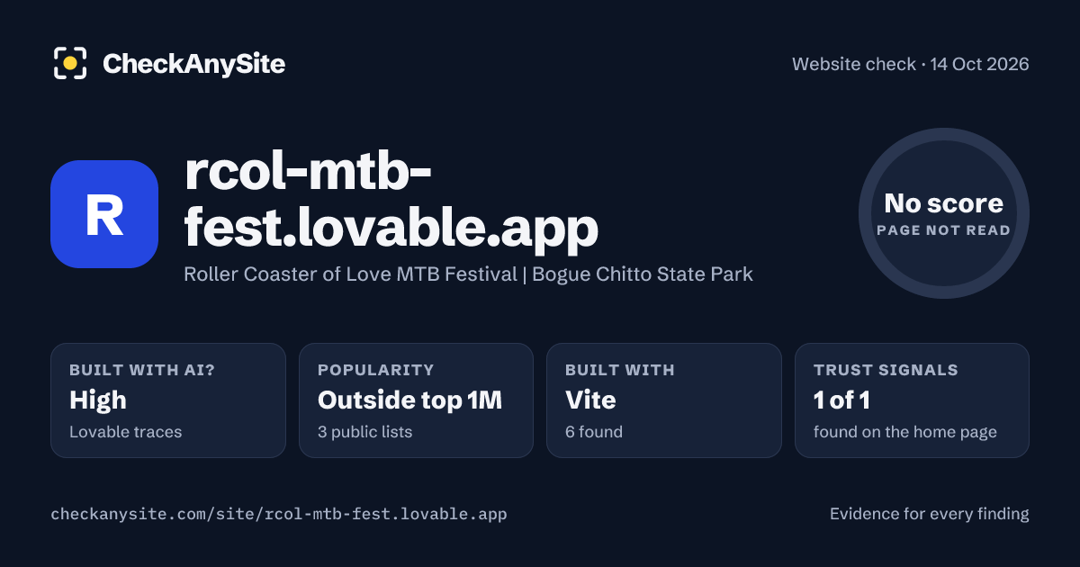 rcol-mtb-fest.lovable.app on CheckAnySite: AI traces high, popularity Outside top 1M, no score.