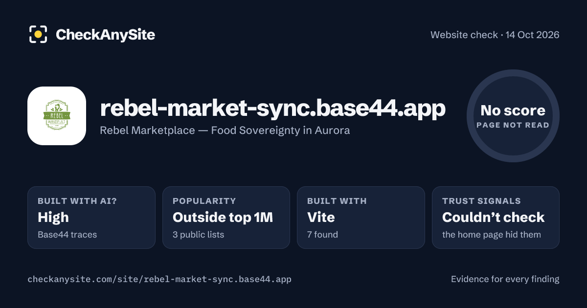 rebel-market-sync.base44.app on CheckAnySite: AI traces high, popularity Outside top 1M, no score.