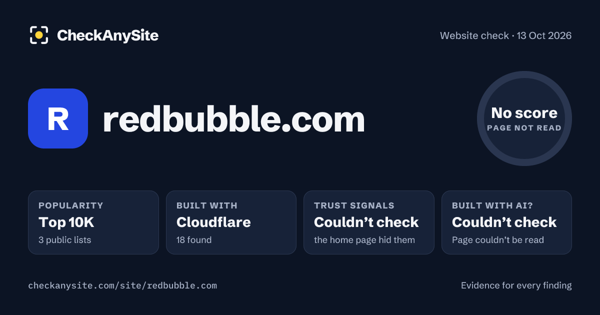 redbubble.com on CheckAnySite: AI traces couldn’t check, popularity Top 10K, no score.