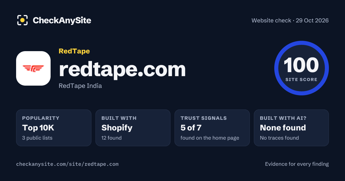 redtape.com on CheckAnySite: AI traces none found, popularity Top 10K, site score 100 of 100.