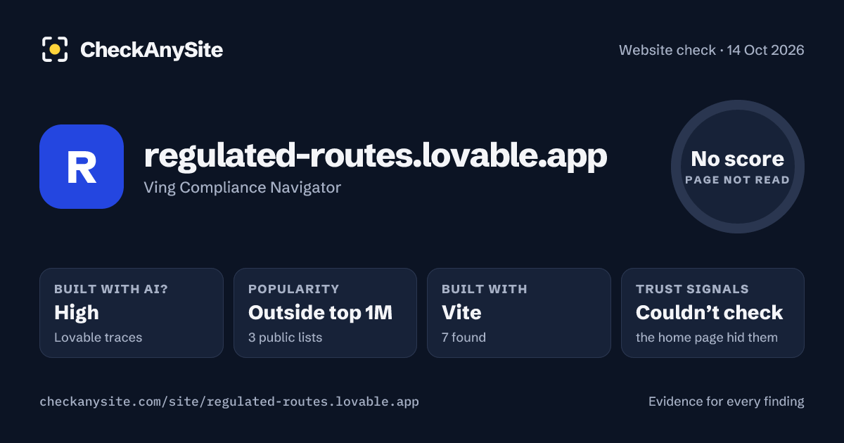regulated-routes.lovable.app on CheckAnySite: AI traces high, popularity Outside top 1M, no score.