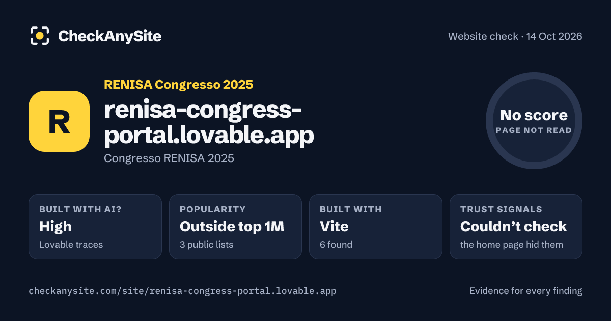 renisa-congress-portal.lovable.app on CheckAnySite: AI traces high, popularity Outside top 1M, no score.