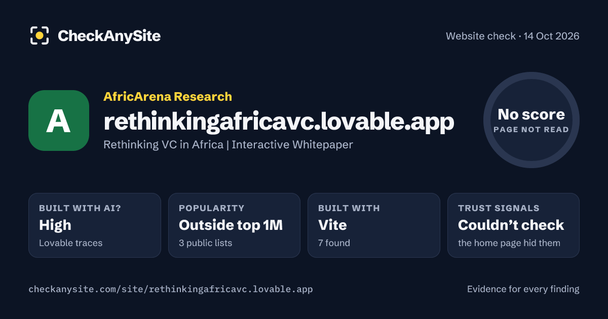 rethinkingafricavc.lovable.app on CheckAnySite: AI traces high, popularity Outside top 1M, no score.