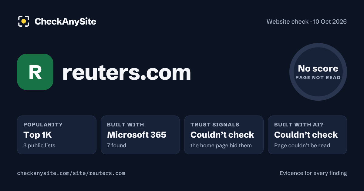 reuters.com on CheckAnySite: AI traces couldn’t check, popularity Top 1K, no score.