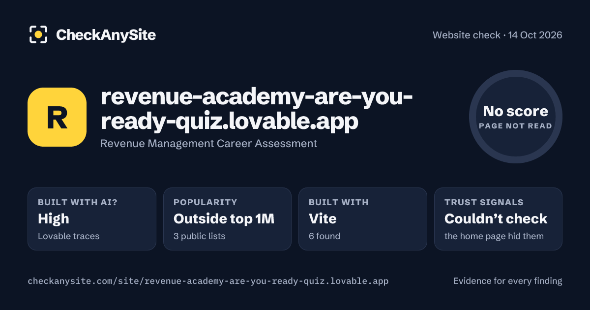revenue-academy-are-you-ready-quiz.lovable.app on CheckAnySite: AI traces high, popularity Outside top 1M, no score.