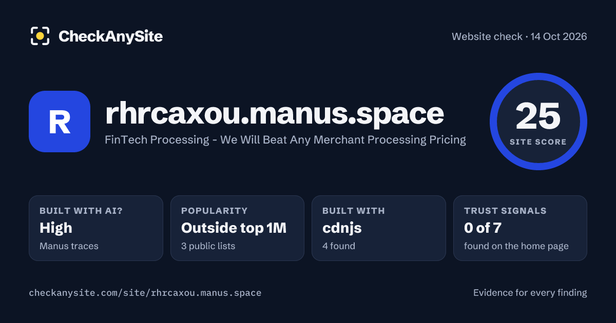 rhrcaxou.manus.space on CheckAnySite: AI traces high, popularity Outside top 1M, site score 25 of 100.