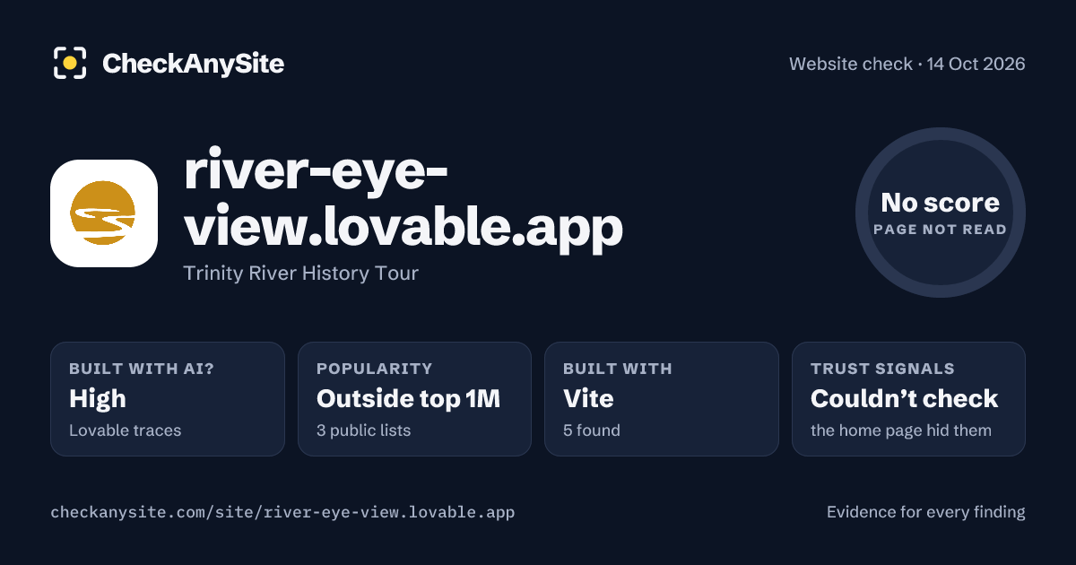 river-eye-view.lovable.app on CheckAnySite: AI traces high, popularity Outside top 1M, no score.