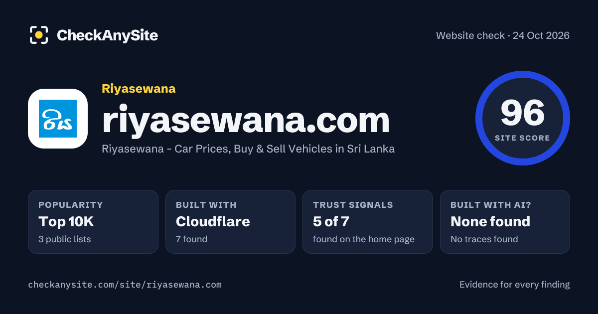 riyasewana.com on CheckAnySite: AI traces none found, popularity Top 10K, site score 96 of 100.