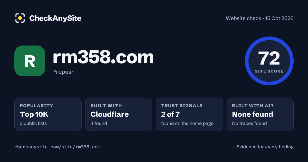 rm358.com on CheckAnySite: AI traces none found, popularity Top 10K, site score 72 of 100.