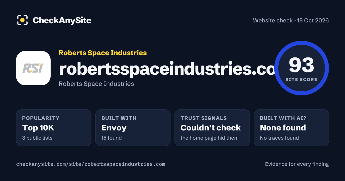 robertsspaceindustries.com on CheckAnySite: AI traces none found, popularity Top 10K, site score 93 of 100.