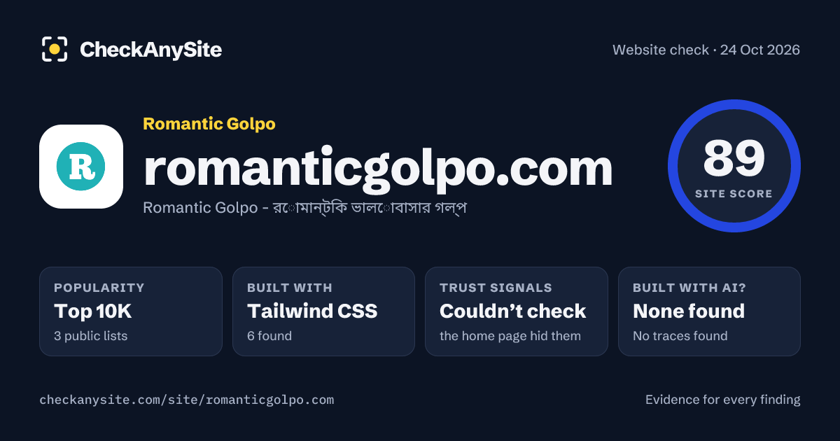 romanticgolpo.com on CheckAnySite: AI traces none found, popularity Top 10K, site score 89 of 100.