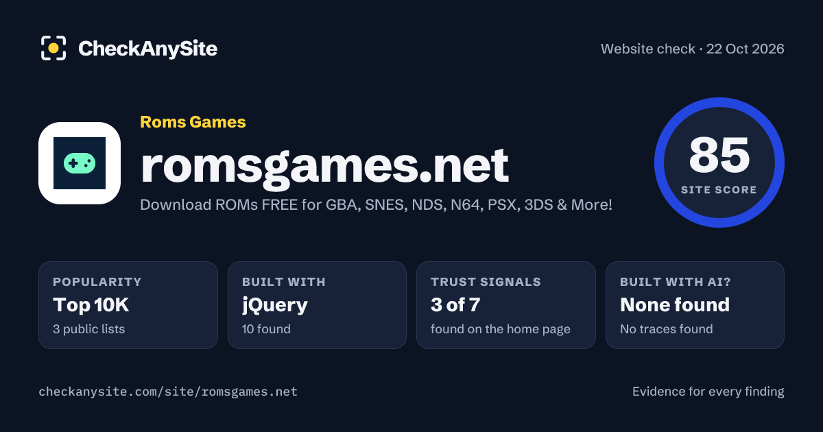 romsgames.net on CheckAnySite: AI traces none found, popularity Top 10K, site score 85 of 100.