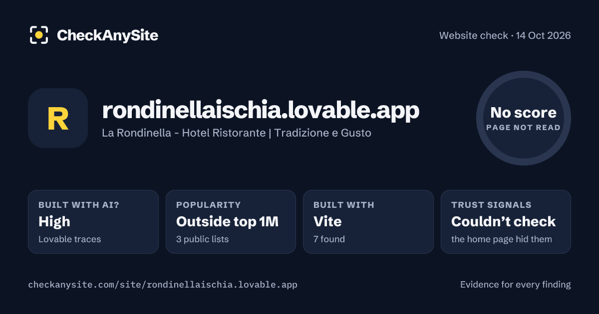 rondinellaischia.lovable.app on CheckAnySite: AI traces high, popularity Outside top 1M, no score.