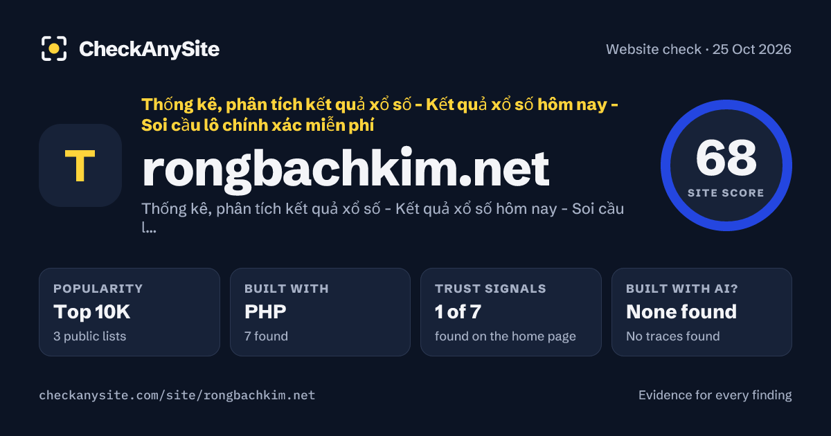 rongbachkim.net on CheckAnySite: AI traces none found, popularity Top 10K, site score 68 of 100.