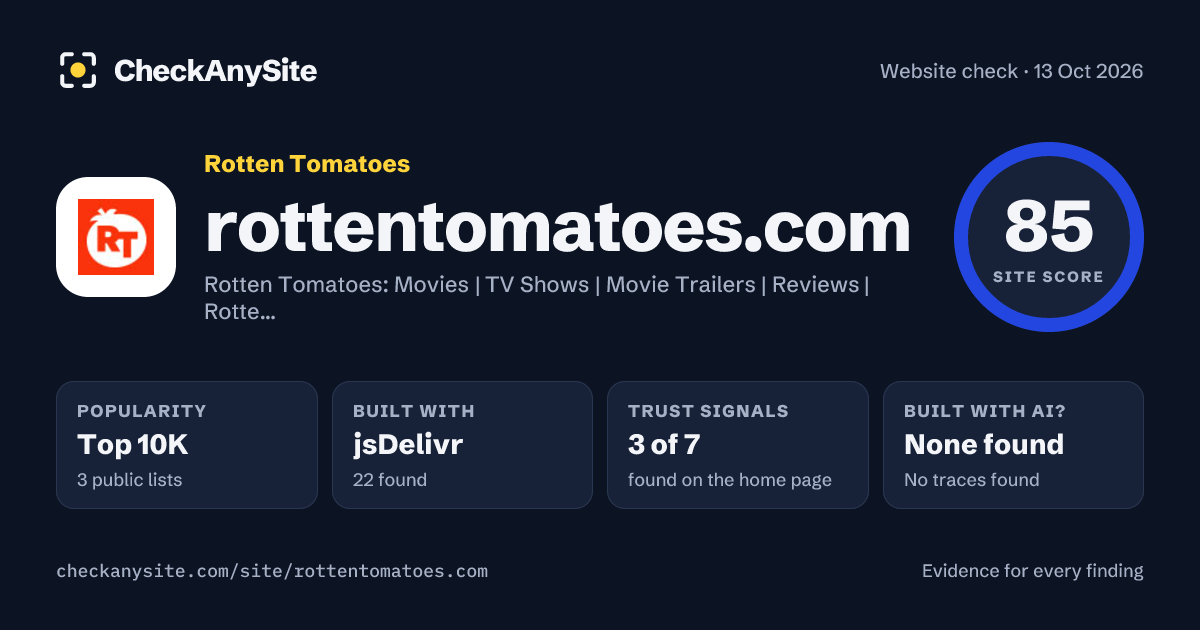 rottentomatoes.com on CheckAnySite: AI traces none found, popularity Top 10K, site score 85 of 100.