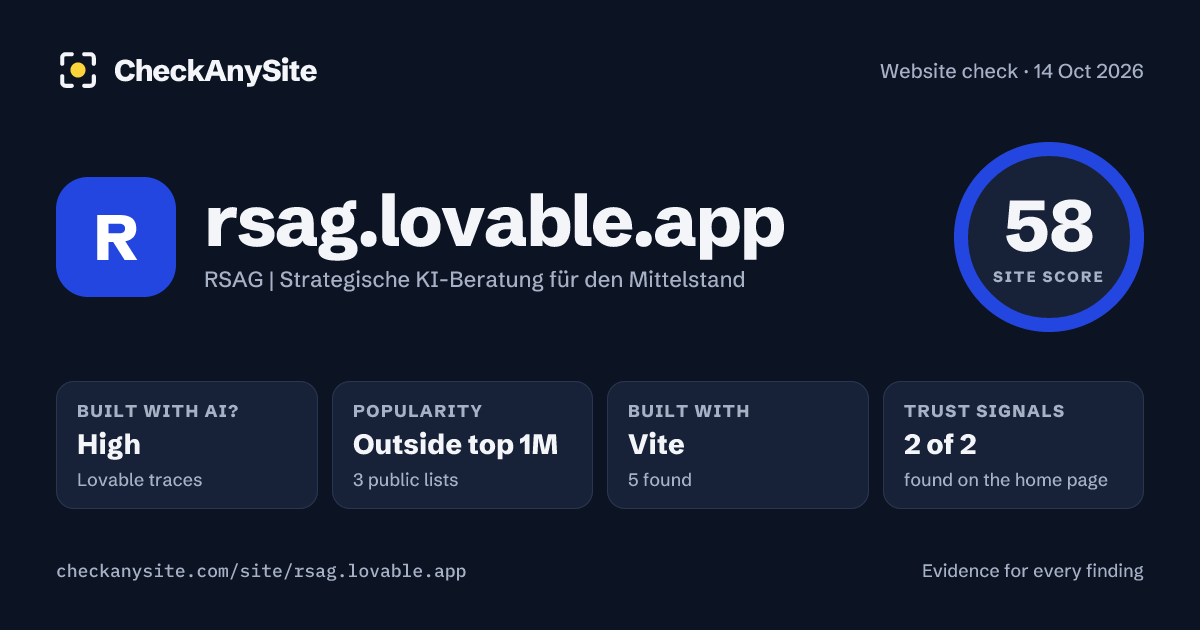 rsag.lovable.app on CheckAnySite: AI traces high, popularity Outside top 1M, site score 58 of 100.