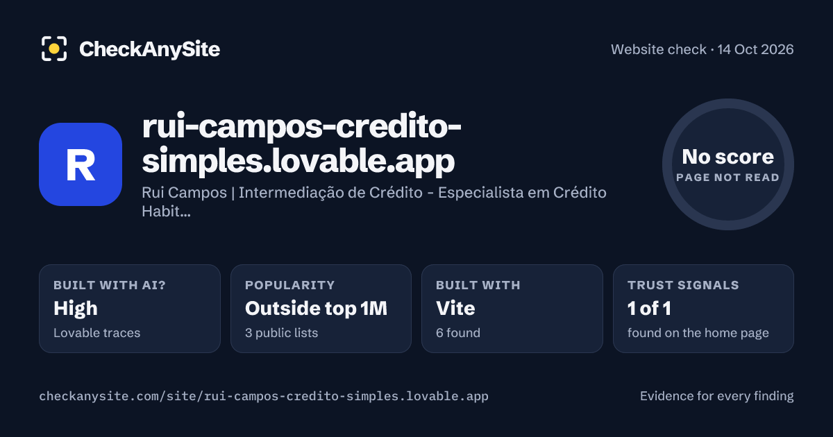 rui-campos-credito-simples.lovable.app on CheckAnySite: AI traces high, popularity Outside top 1M, no score.