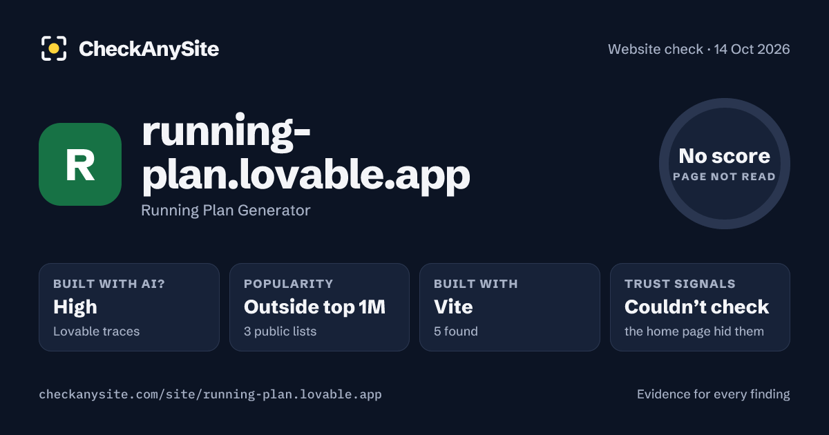 running-plan.lovable.app on CheckAnySite: AI traces high, popularity Outside top 1M, no score.