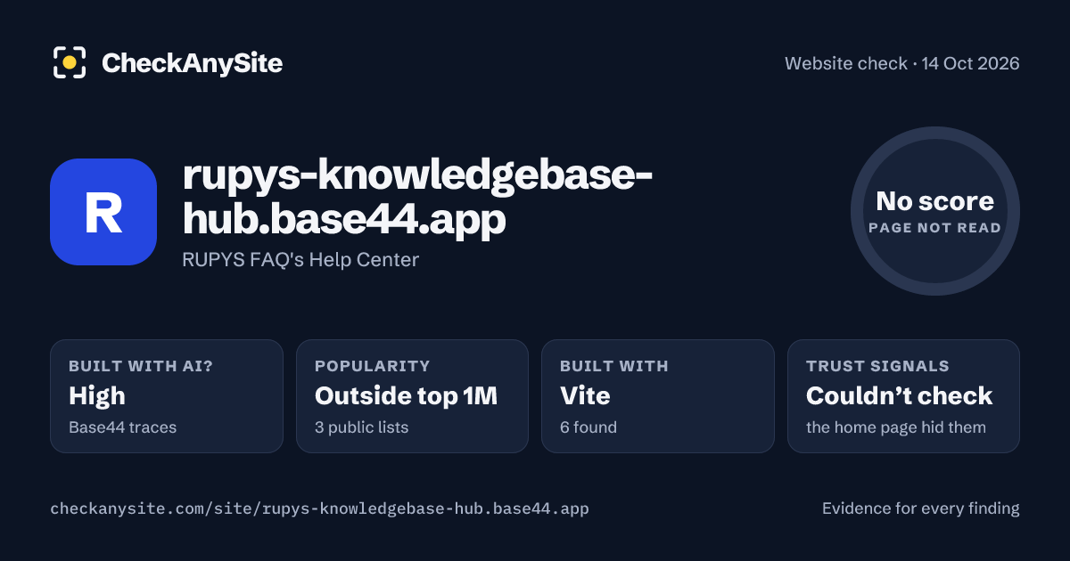 rupys-knowledgebase-hub.base44.app on CheckAnySite: AI traces high, popularity Outside top 1M, no score.