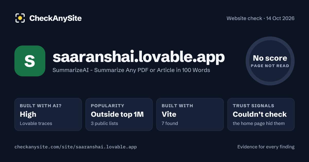 saaranshai.lovable.app on CheckAnySite: AI traces high, popularity Outside top 1M, no score.